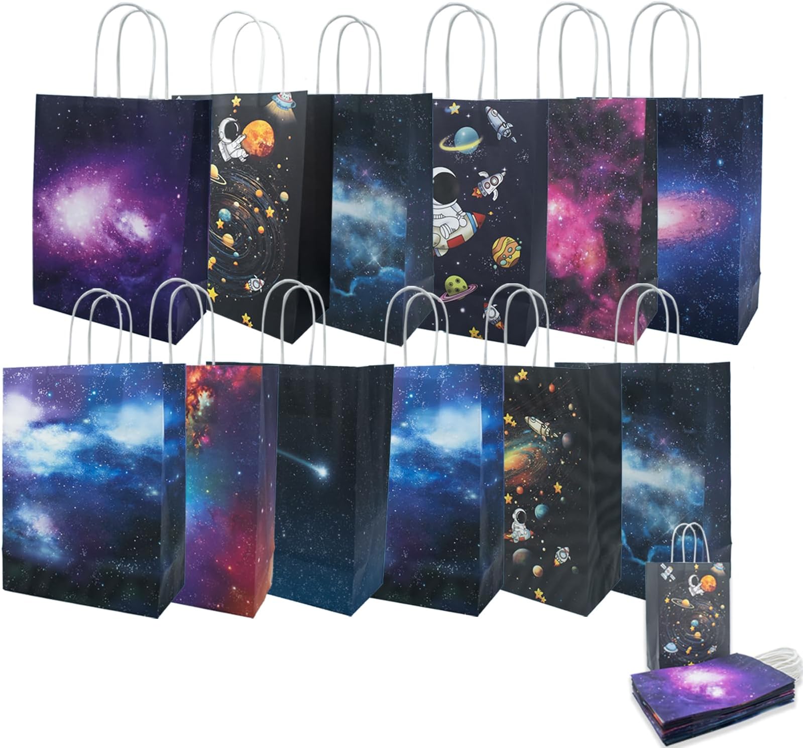 TAIXING 12 Pack Outer Space Paper Party Bags, Starry Sky Paper Bags with Handles, Galaxy Themed Small Gift Bags for Kids Birthday Party Decorations Treats (22x16x8cm)