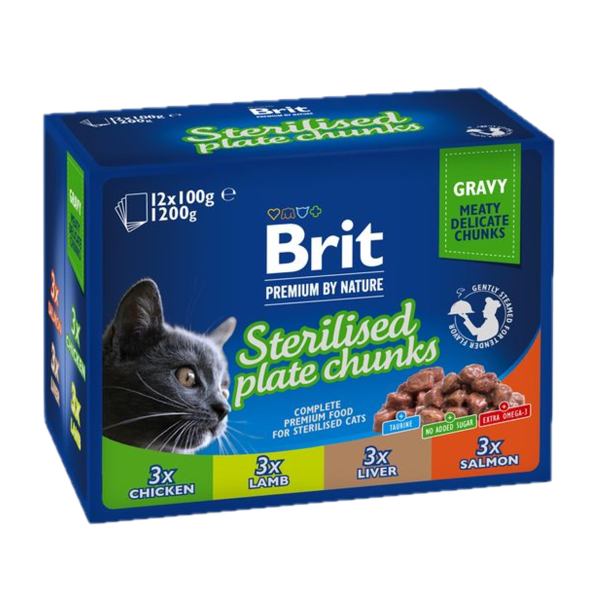 Brit Paquete de Comida húmeda Premium para Gatos esterilizados, 4 sabores, Carne y Pescado en Salsa, 12 x 100 g