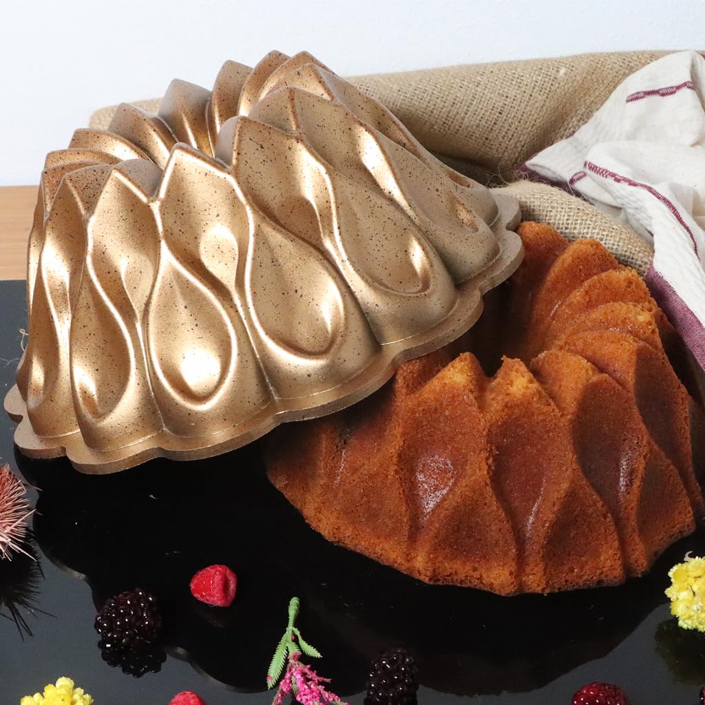 serenk Moule à gâteau anti-adhésif avec revêtement mural en granit pour la cuisson, moule à gâteau avec corps en aluminium, doré, 25,4 x 10,2 cm (goutte)