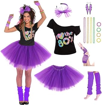 Womens 80s Costumes with Accessories Set Tutu Skirt Earrings Necklace Bracelets Fishnet Gloves Legwarmers Headband All in ...