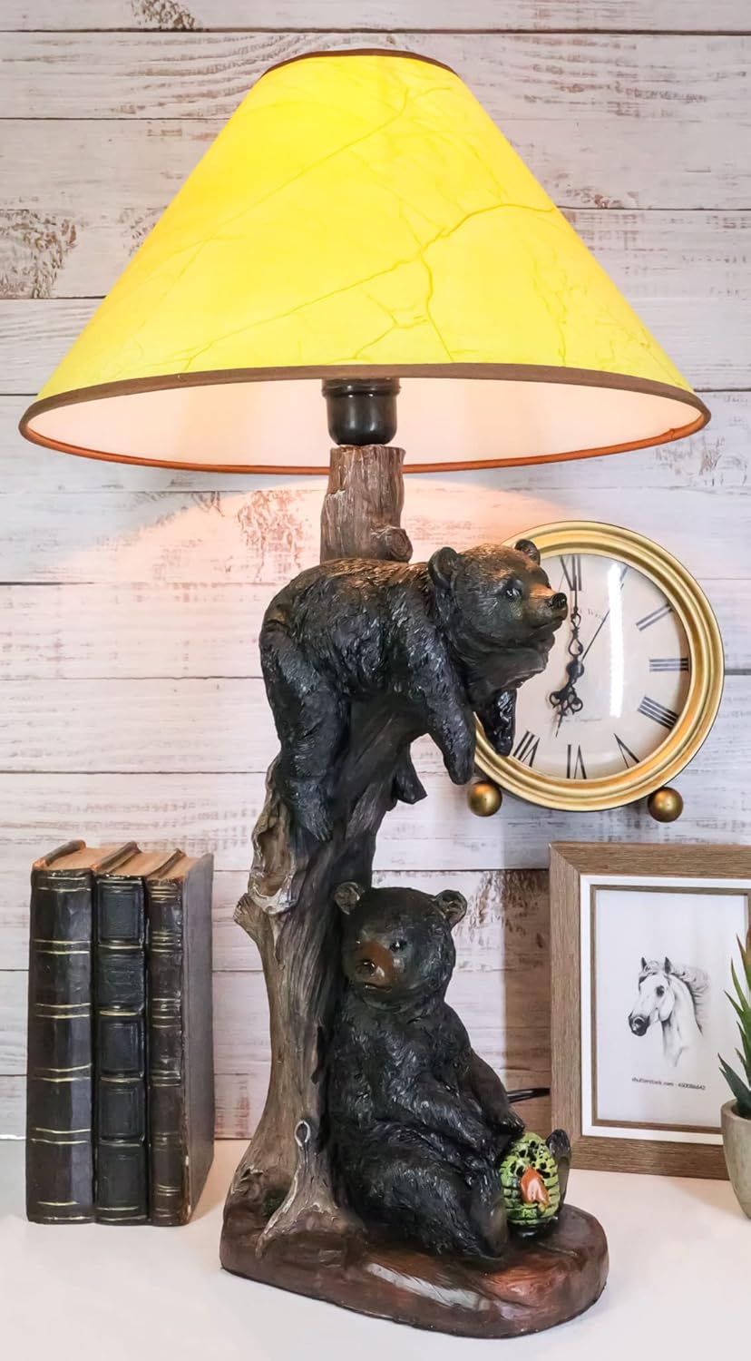 Ebros Wildlife Rustic Cabin Lodge Decor Whimsical Lazy Days of Summer 2 Black Bears Napping On Tree Branch and Snacking Honey Table Lamp Statue with Shade 22" High Forest Bear Family Desktop Lamps