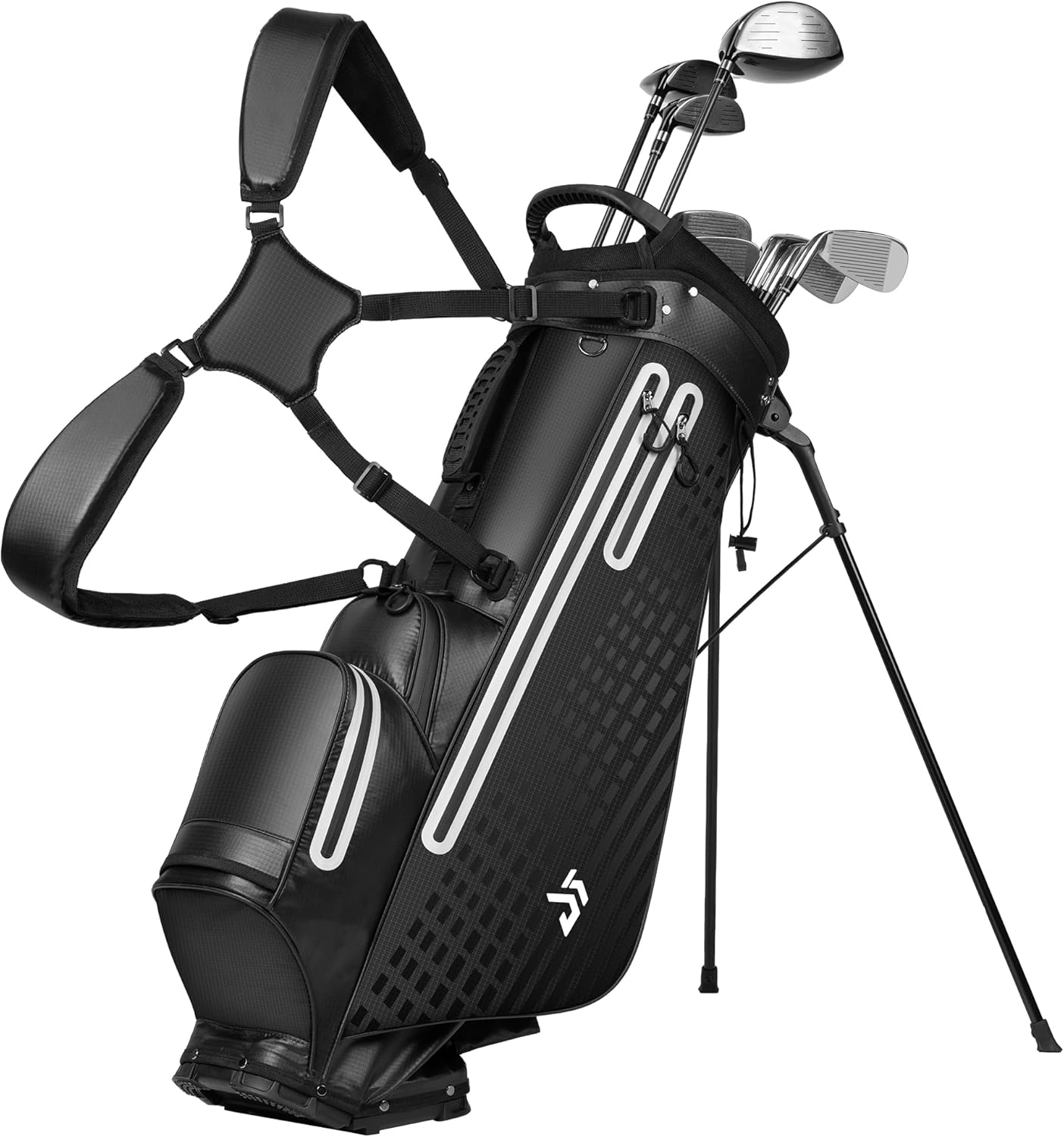 Waterproof Golf Stand Bag, All-Weather Lightweight Carry Bag with Reflective Safety Strips, 5-Way Top Divider, Rain Hood, 6 Pockets, Black