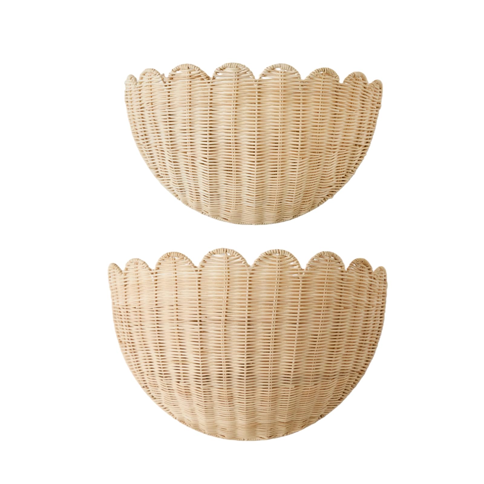 Scalloped Wall Hanging Shelves, Hand-Woven Wicker Wall Basket Decor, Boho Natural Rattan Decor – for Home, Living Room, Nursery Room ((16 x 12 x 7 & 14 x 8 x 6 Inch))