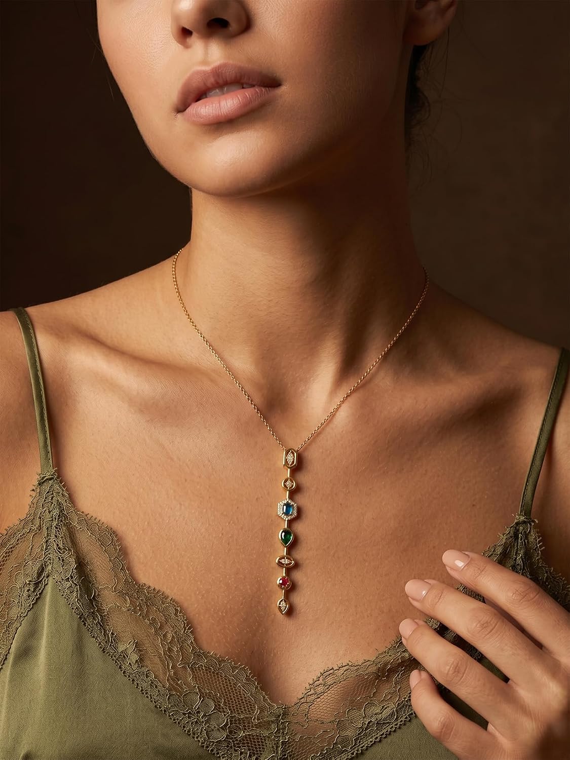 MODRSA Adjustable Gold Lariat Necklace for Women Colorful Rhinestone Body Chain Necklace Y Necklace Non Tarnish Waterproof Vacation Accessories Trendy Mother's Day Birthday Gifts for Women Jewelry