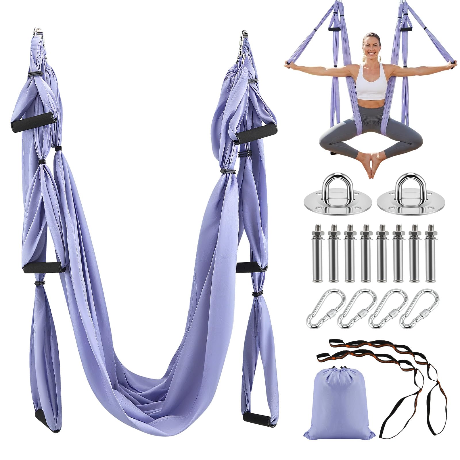Set Amaca per Yoga Aereo, Altalena per Yoga con Accessori per Montaggio e Borsa, Supporto fino a 200 kg, con Cinghie di Estensione per Antigravity Pilates