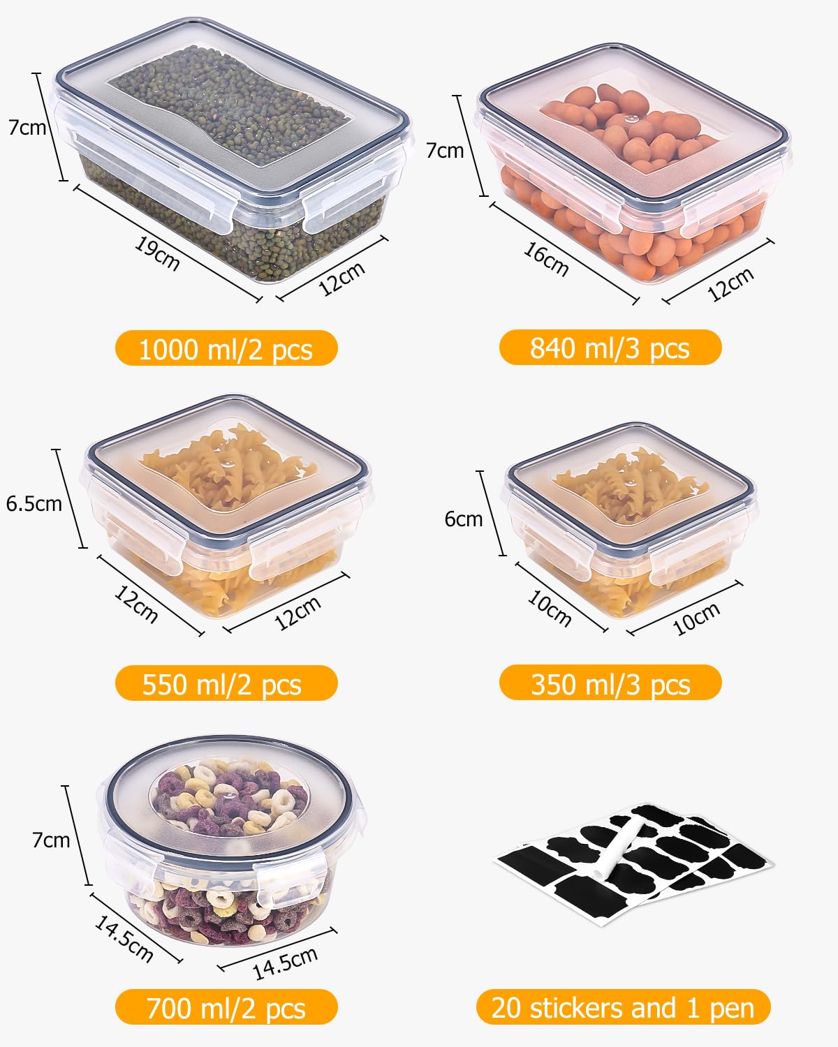 24 Pezzi Contenitori di Plastica Contenitori Alimenti,Barattoli Cucina con Coperchio Contenitori Pasta Barattoli Cucina Senza BPA per Cereali, Porta Muesli,Farina 1L/0.84L/0.7L/0.55L/0.35L