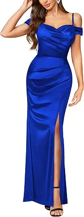 Miusol Womens Sexy Off Shoulder Satin High Split Ruched Style Evening Party Maxi Dress