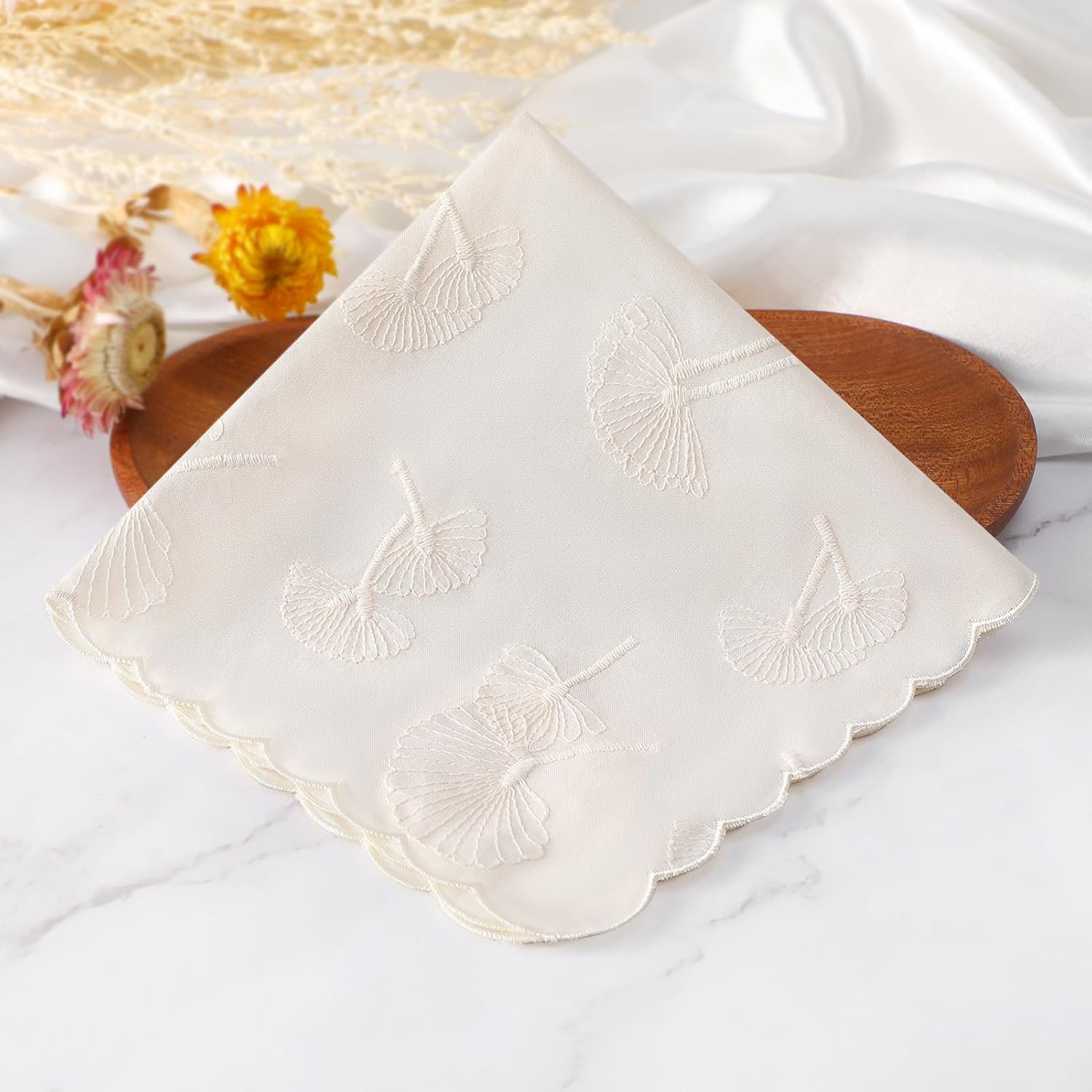 DoreenBeads Women's Cotton Handkerchiefs Dandelion Scalloped Embroidered Ladies Hankies for Wedding Parties 3Pcs - Image 4