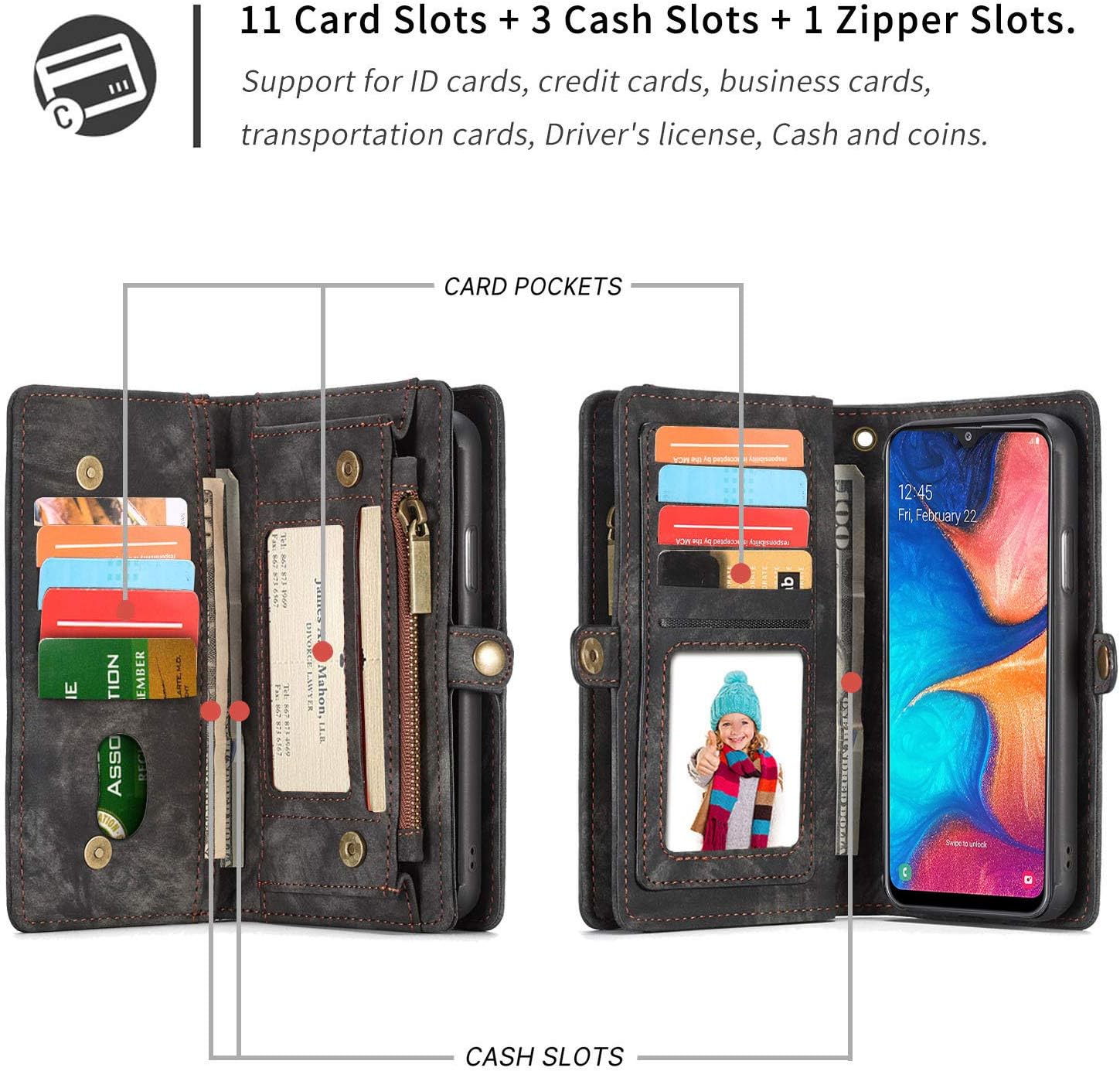 Simicoo Samsung A20S Leather Wallet Zipper Purse Detachable Card Slots Holder Flip Case Magnetic Wrist Strap Handle Shockproof Cover Pocket Wallet Handbag for Samsung A20S (Black, A20S)