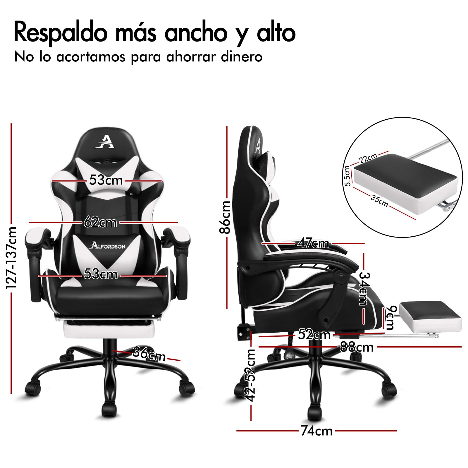 ALFORDSON Silla Gaming Escritorio con Masajeador, Silla Gamer Ergonómica Cojín Lumbar y Cervical, Reposapiés Retráctil, Ruedas Giratorias 360°, para Oficina, Videojuego, Ordenador, Cuero PU(Blanca)
