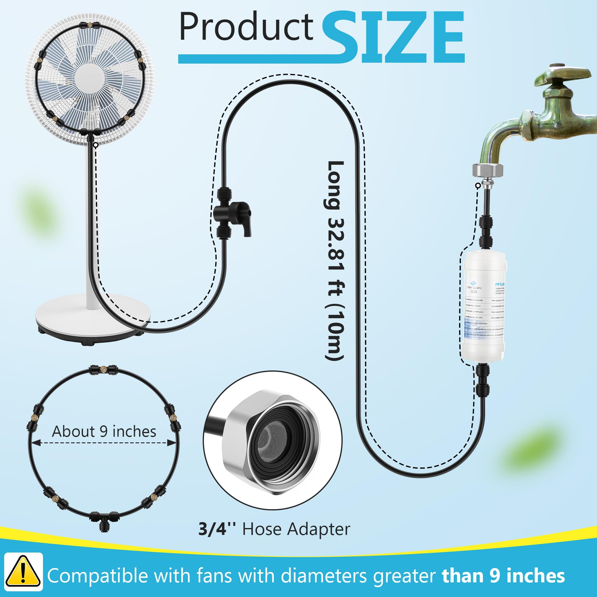 Kit di ventilatore da esterno con nebulizzazione Enhon con filtri, linea di nebulizzazione da 10 m, 5 ugelli in ottone, ventilatore refrigerante con valvola di intercettazione per brezza da patio