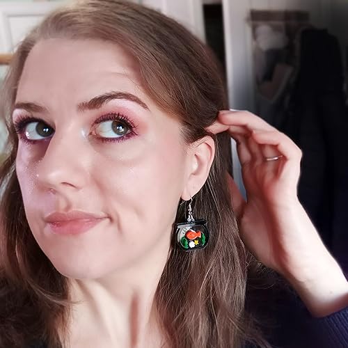 Vista 5 de Unique Goldfish Fish Bowl Aquarium Statement Dangle Earrings, Funny Jewelry for Aquatic Pet Fish Enthusiast