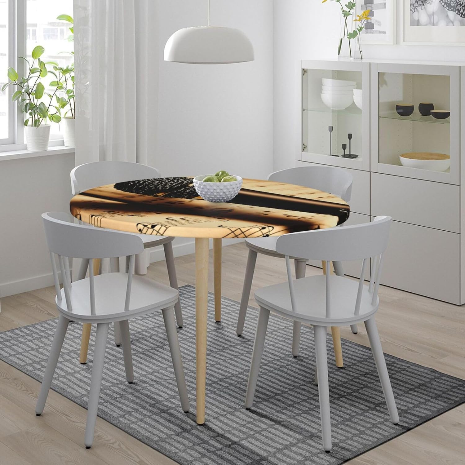 Microphone with Music Note Print Outdoor Patio Kitchen Decor Supplies Wipeable Round Table Cloth for Indoor Outdoor