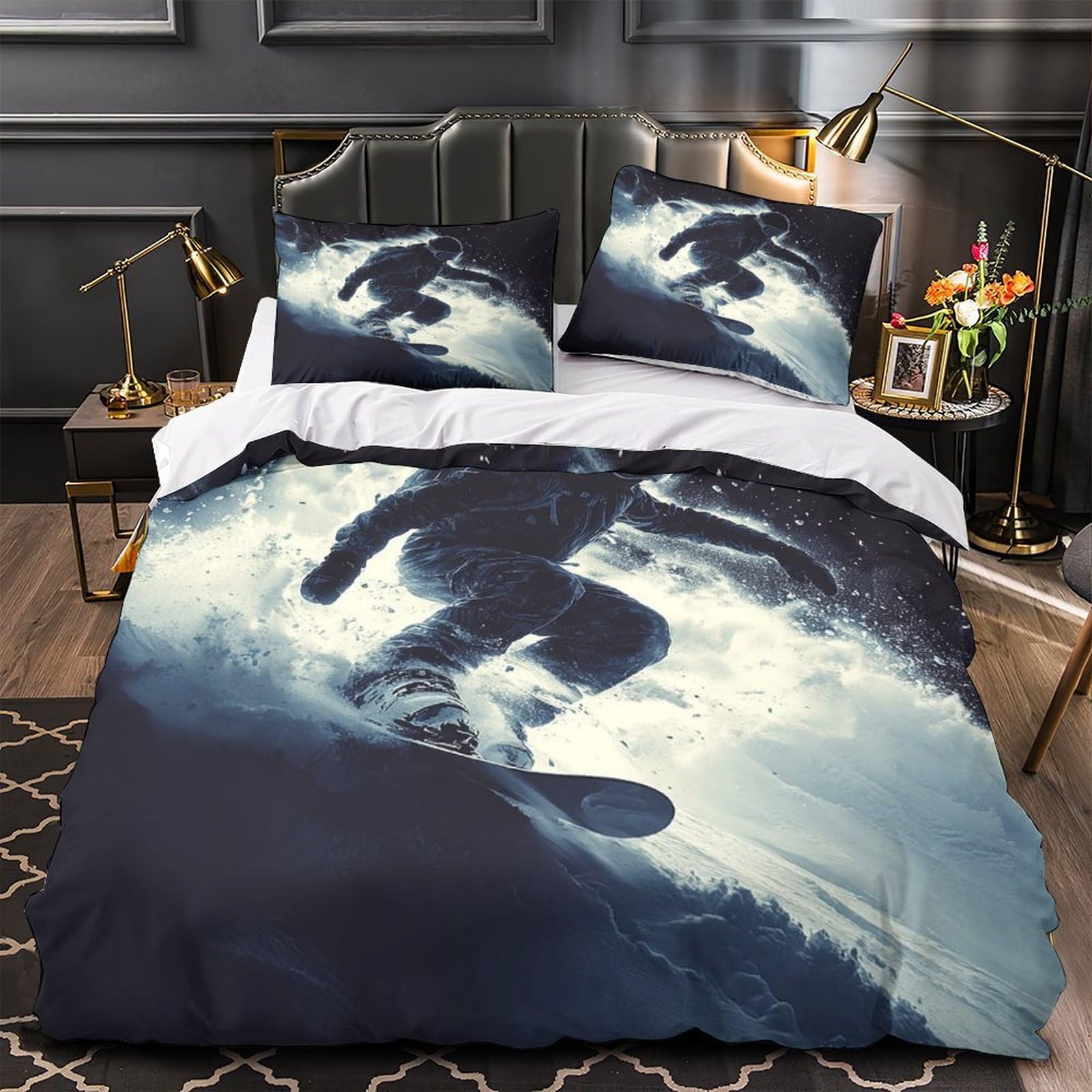 Housse de couette snowboarder 3D microfibre 260x220 cm avec 2 taies d'oreiller
