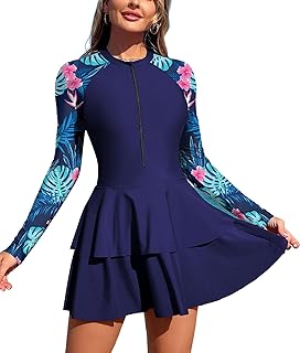 ZAFUL Women's One Piece Rash Guard Long Sleeve Modest Swimsuits Dress Zipper Bathing Suit