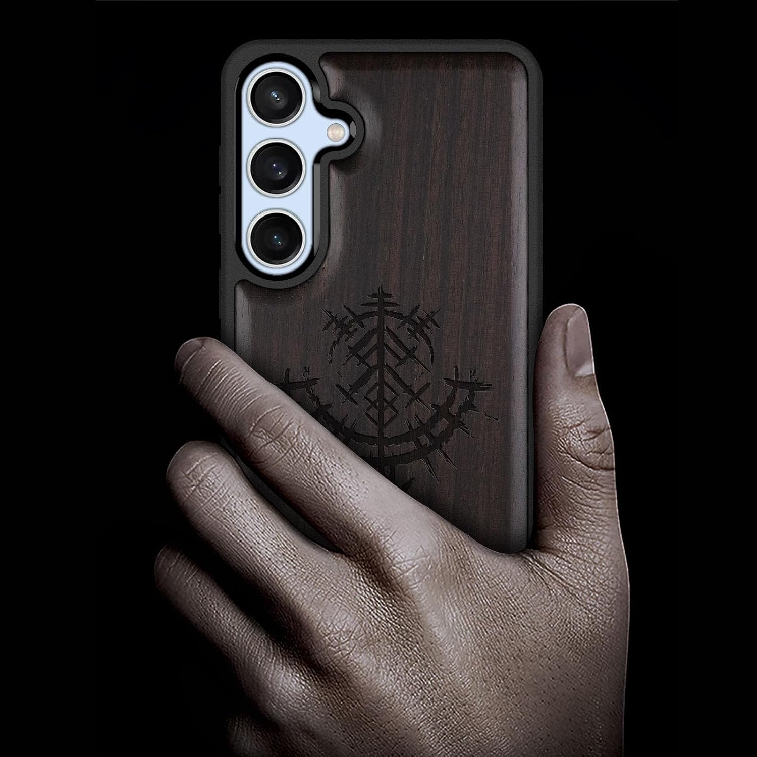 Carveit Wood Case for Galaxy S24 FE Case [Natural Wood & Black Soft TPU] Shockproof Protective Cover Unique Wooden Design Compatible with S24 FE (Viking Symbols-Blackwood)