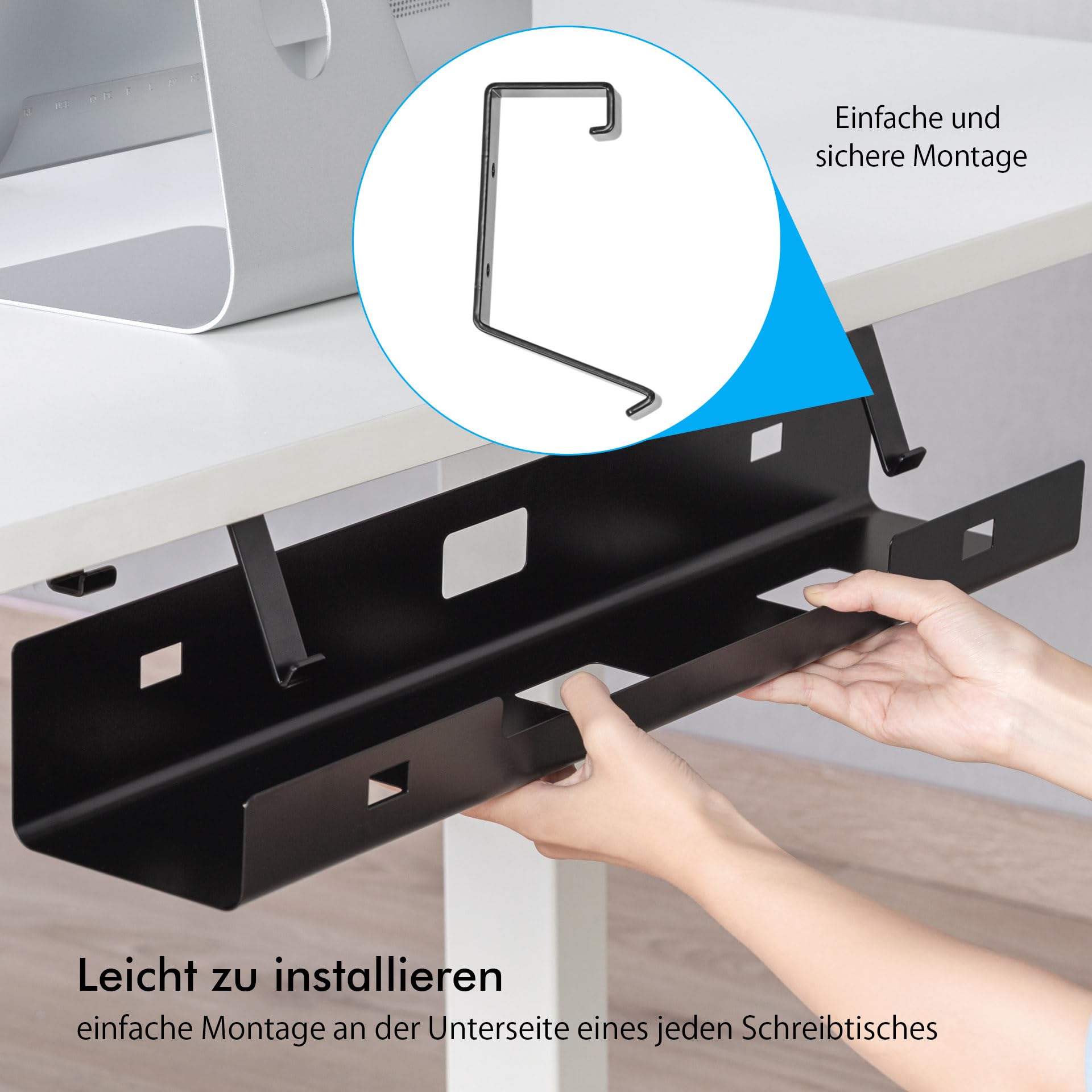 Mimoke Kabelmanagement Tray 2er Set 120cm (2x60cm), Schwarz | Stahl Kabelschale, Untertisch für Schreibtisch, Steckdosenleiste, Einfach Montierbar, Platzsparend