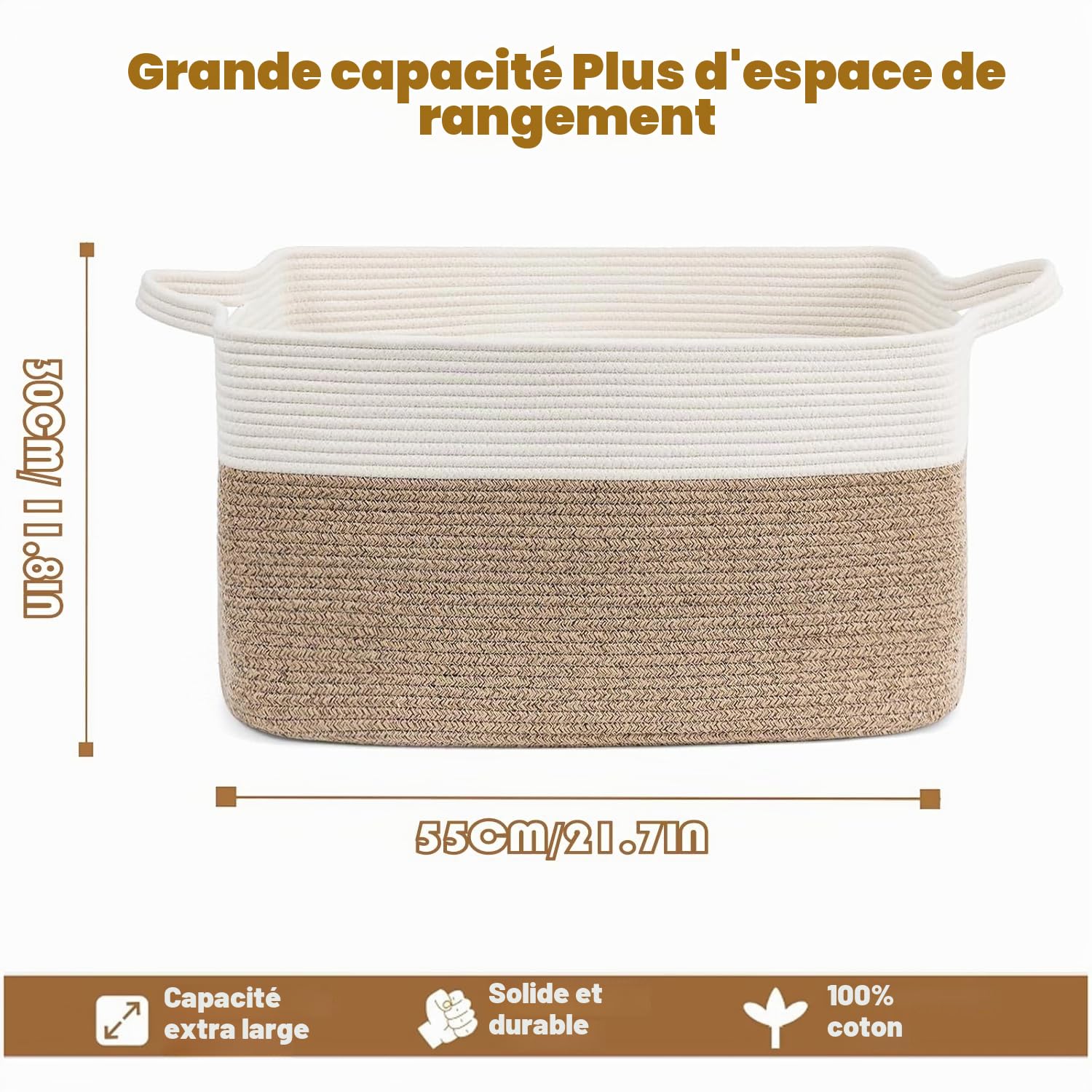 Paniers de rangement pliables extra larges de 65 l avec poignées – Boîte de rangement en tissu robuste, couvertures, vêtements saisonniers, 54,9 x 37,8 x 30 cm (lin blanc)