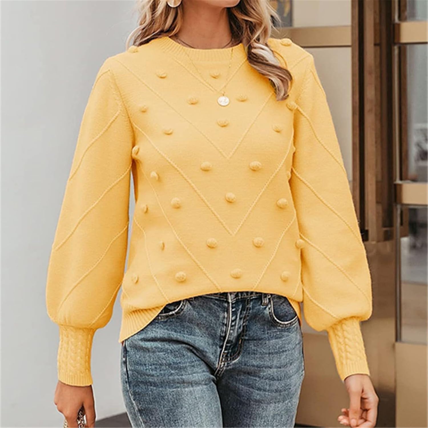 Heevina Womens Sweaters pom pom Crewneck Solid Color Knit Sweater for Women Puff Long Sleeve Knitted Winter 2024