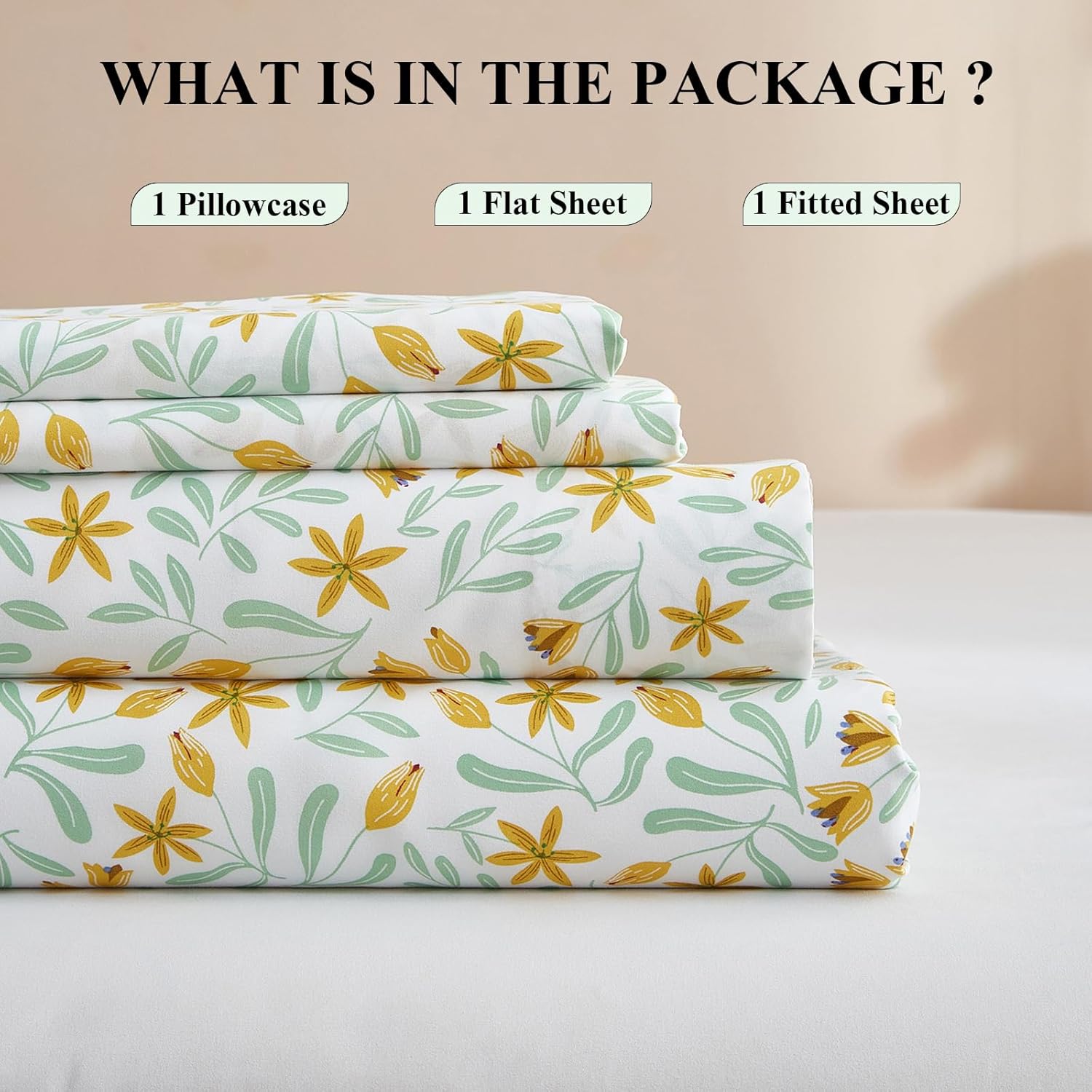 AMWAN Yellow Floral Twin XL Sheets Set 3 Piece Cooling Bedding Sheet Set - Luxury Soft Deep Pocket 16" - Easy Soft Fitted Sheet Twin XL,Flat Sheet,2 Pillowcases Set,Wrinkle & Shrink Resistant