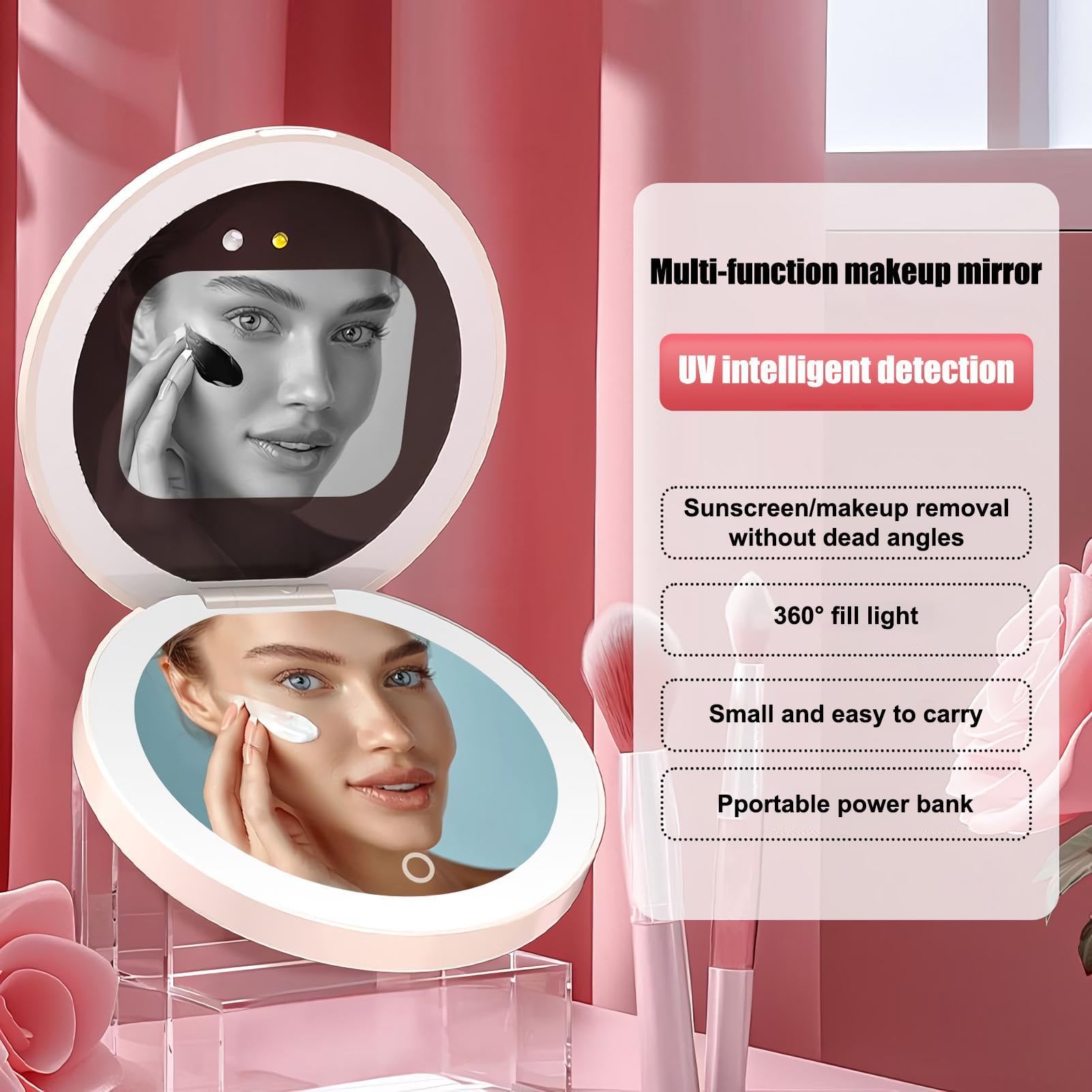 UV Spiegel Für Sonnencreme Test Sonnenschutz-Testgerät Mit LED-Beleuchtung | Handspiegel Tragbar Für Mädchen, Damen, Mütter, Salon, Zuhause, Reise, Badezimmer, Schminktisch, Auto, Büro und