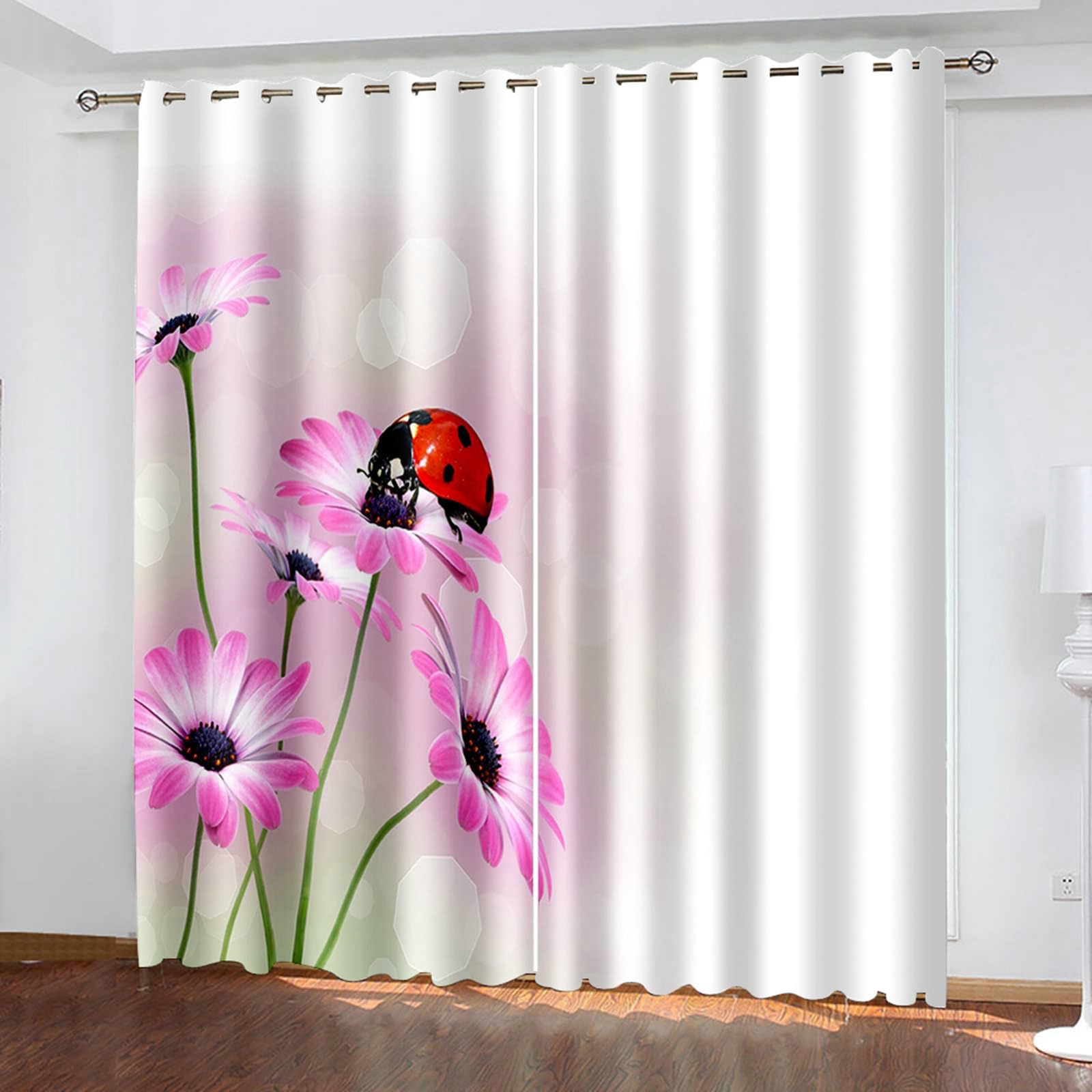 Zasłony do sypialni, 160 cm długości, zasłony zaciemniające do pokoju, 2 panele 40 szer. x 160 cm dł., kwiaty i biedronka, termiczne zasłony zaciemniające