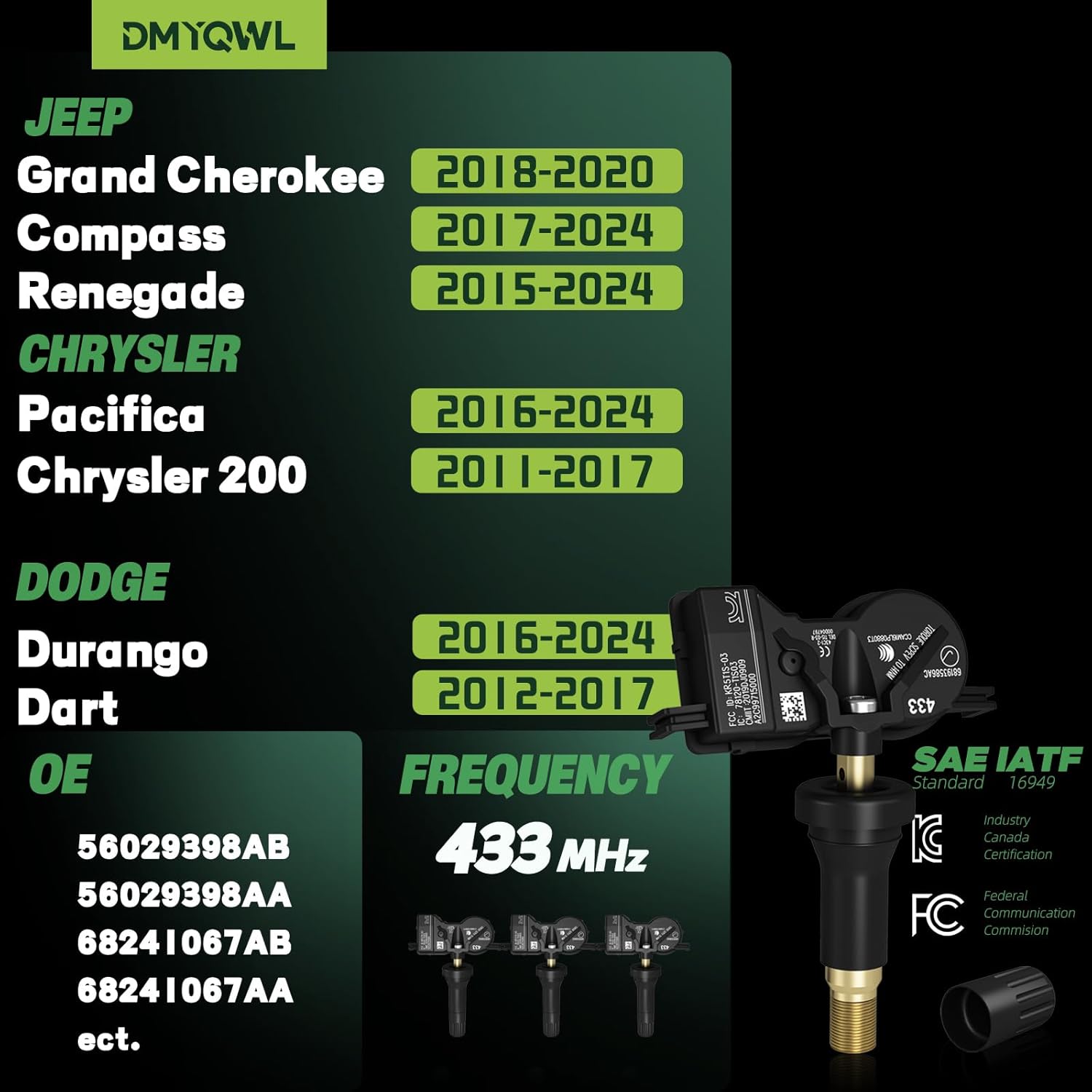 TPMS 433MHz Pre-Programmed,Compatible with Jeep Renegade 2015-2024 | Chrysler 200 2011-2017 | Dodge Durango 2016-2024/OE#68193586AC,68252495AA(Set of 4) Tire Pressure Monitoring Sensor