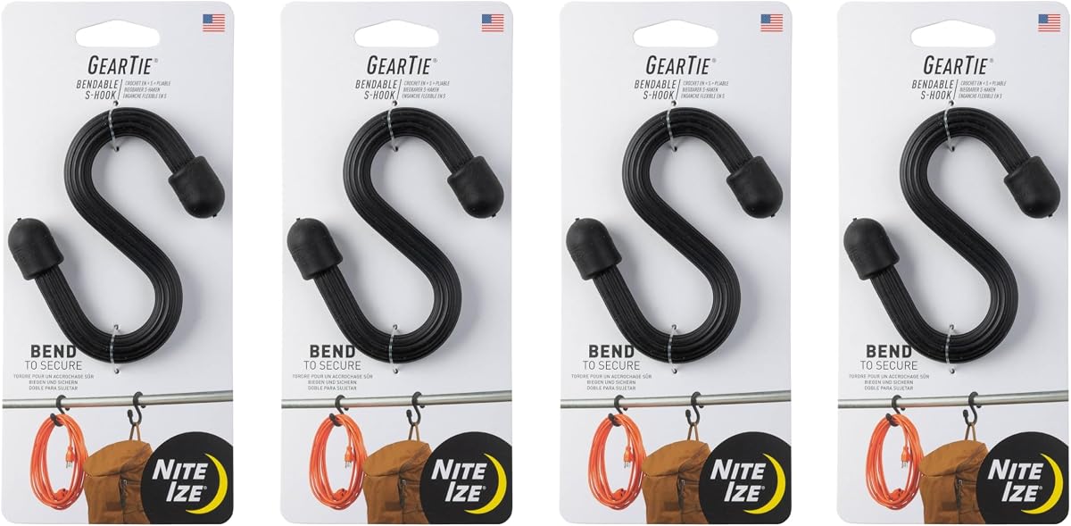 Nite Ize Gear Tie Bendable S-Hook - Utility S-Hook for Hanging - Bendable Rubber Hook Cable - Strong Hook for Closets, Garages & More - Tough Rubber Shell with Flexible Wire - Black (4 Pack)