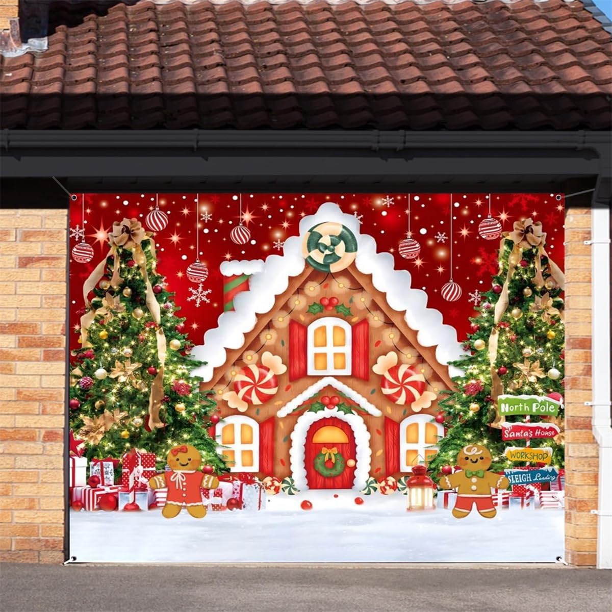 7x8 FT Christmas Garage Door Cover, Gingerbread House Garage Door Banner Decorations, Large Christmas Garage Door Banner Backdrop, Xmas Outdoor Party Decorative Supplies image 4