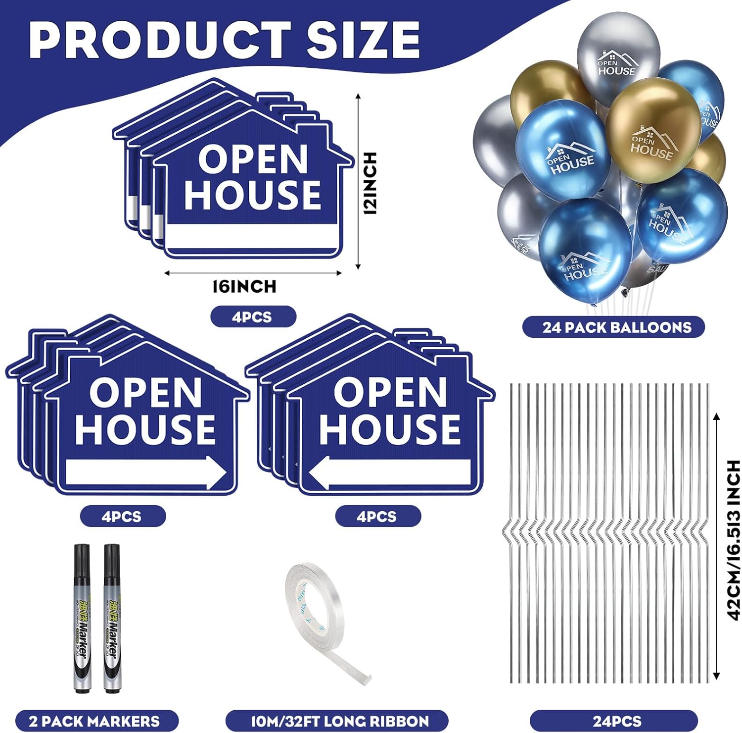63 Pcs Open House Signs with Stakes for Estate Large Double Sided Estate Sale Yard Signs with 24 Metallic Balloons Markers Ribbons Directional Arrows Agent Supplies(12 x 16 Inch,Blue)