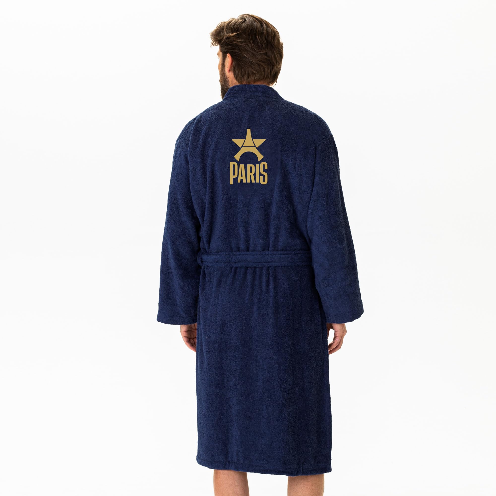 OMYDREAM PSG Europe Peignoir Homme Adulte | 100% Coton Bouclette | Brodé Cœur & Dos | Col Kimono | 2 Poches | Bleu