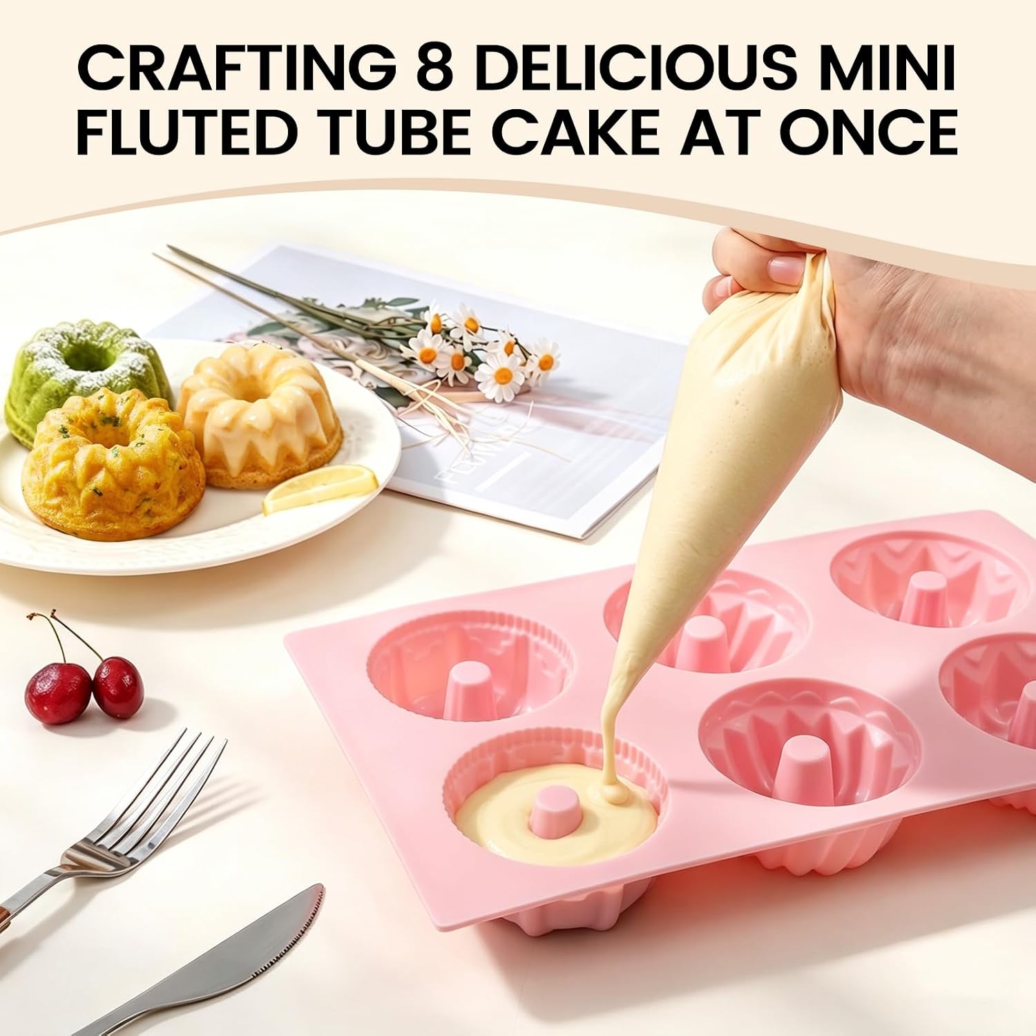 2 Pcs Silicone Mini Fluted Tube Cake Pans, 6‑Cavity Mini Cake Pans