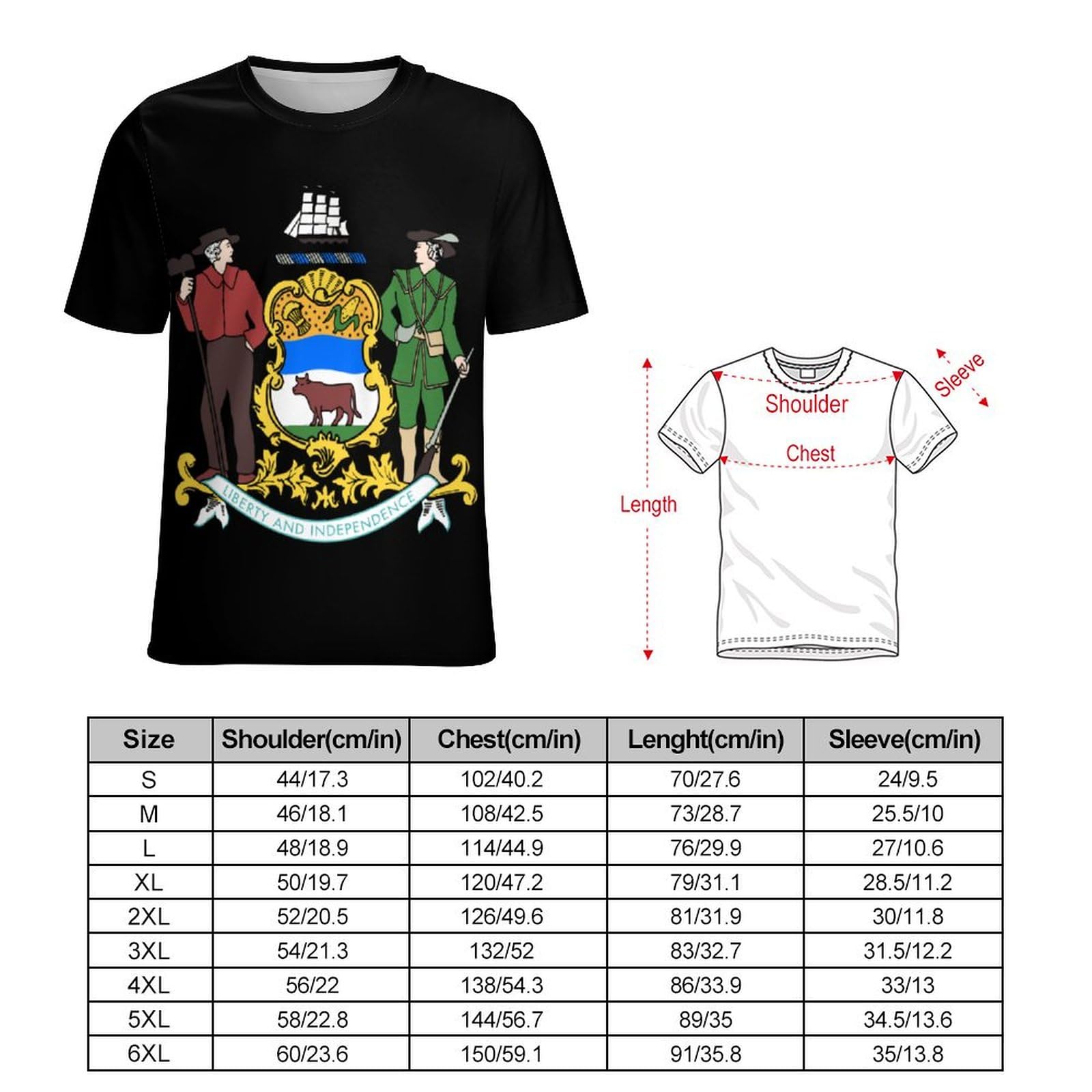 Coat of Arms of Delaware Unisex Adult T-Shirts Summer Short Sleeve Tee Casual Tops Funny Graphic XL