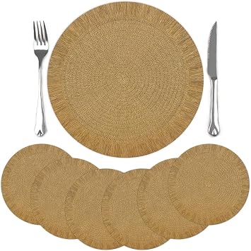 comfoyar Round Braided Placemats Set of 6, 38cm Non-Slip Paper Woven Place Mats with Long Tassel, Rustic Table Mats for Home Kitchen Dining Party Restaurant Farmhouse Decoration, Brown