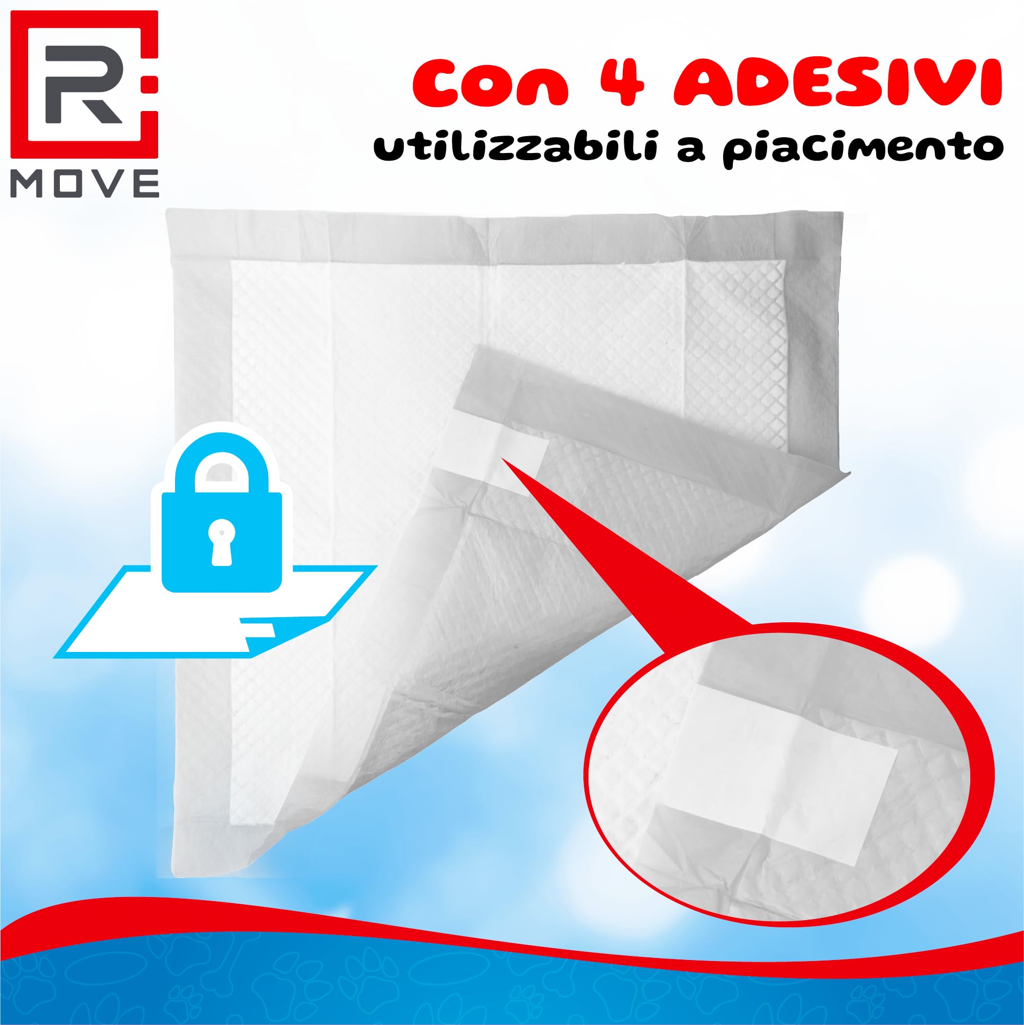 R MOVE 100 Traversine Cani 60x60 con Adesivi - Tappetini Igienici Assorbenti per Cani, Traverse Cane EXTRA Assorbenti, Telini Pipi, Tappetino Igienico con rivestimento antiodore Traversina Assorbente