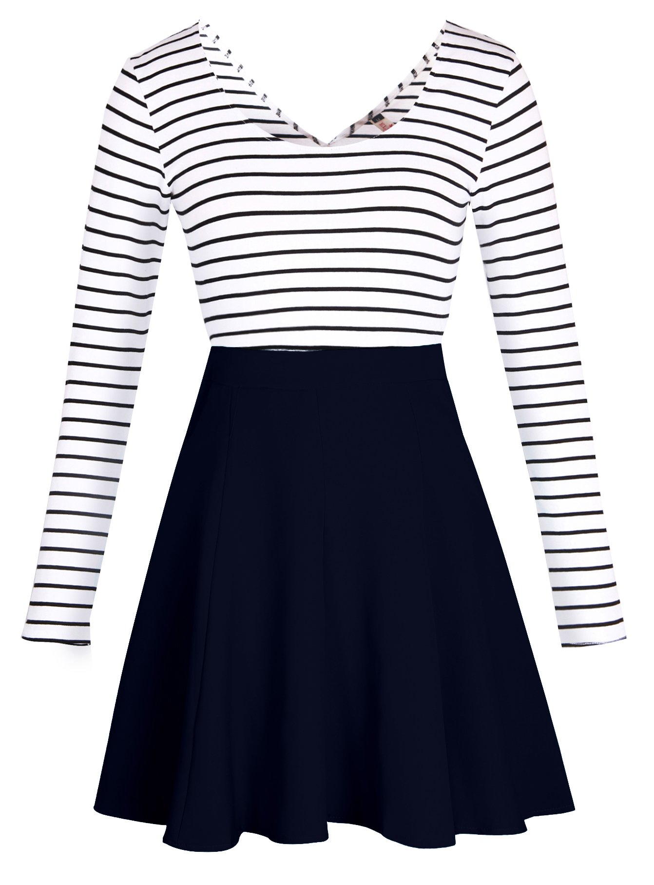 Women Long Sleeve Knit Dress Black White Stripe V Back Set