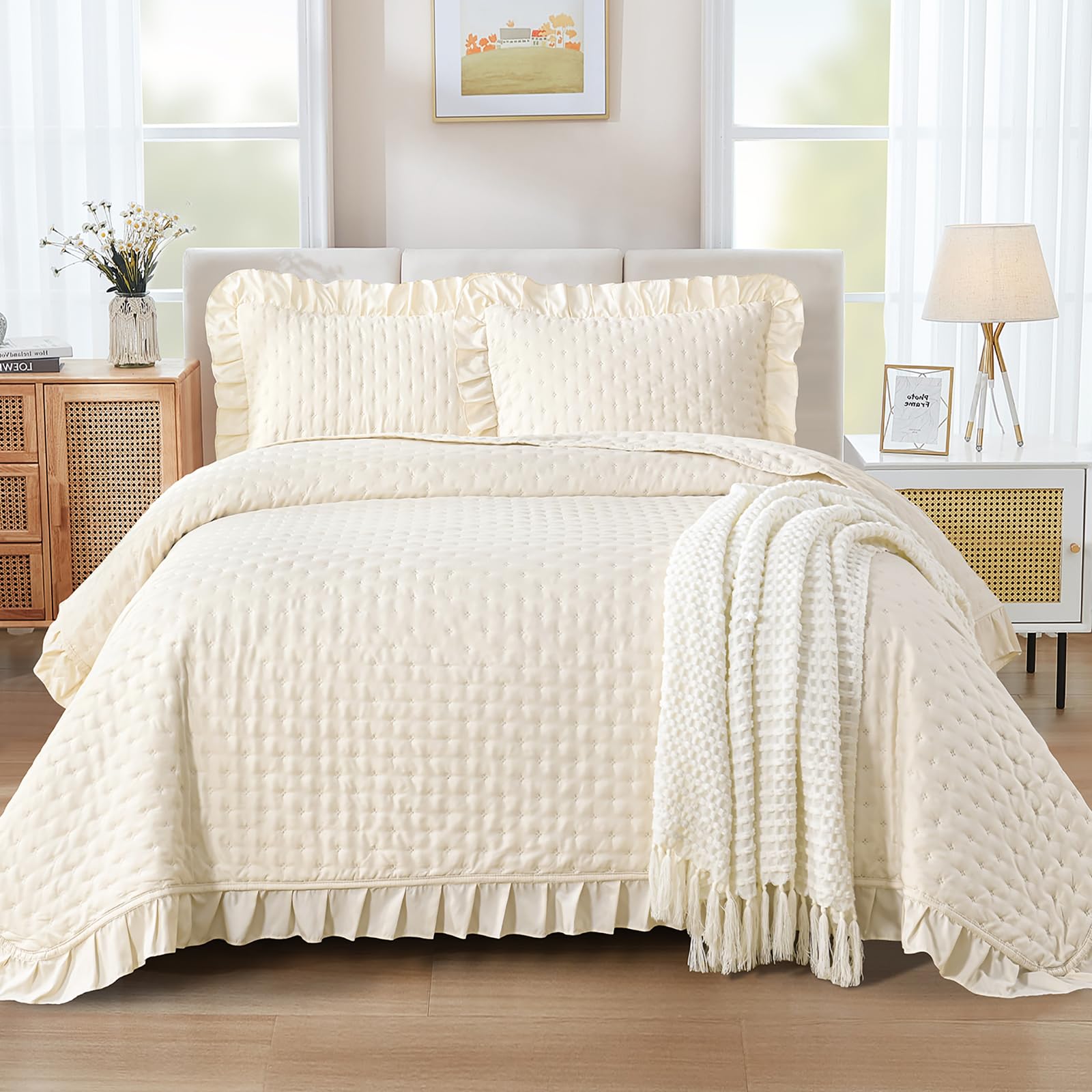 WONGS BEDDING Colcha de 240 x 260 cm, color beige, 3 piezas, incluye 2