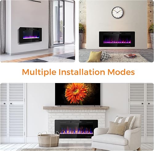 Miniatura 7 de ORALNER Chimenea eléctrica de 42 pulgadas, calentador de chimenea empotrado y montado en la pared con 12 efectos de llama, 5 brillo, control remoto