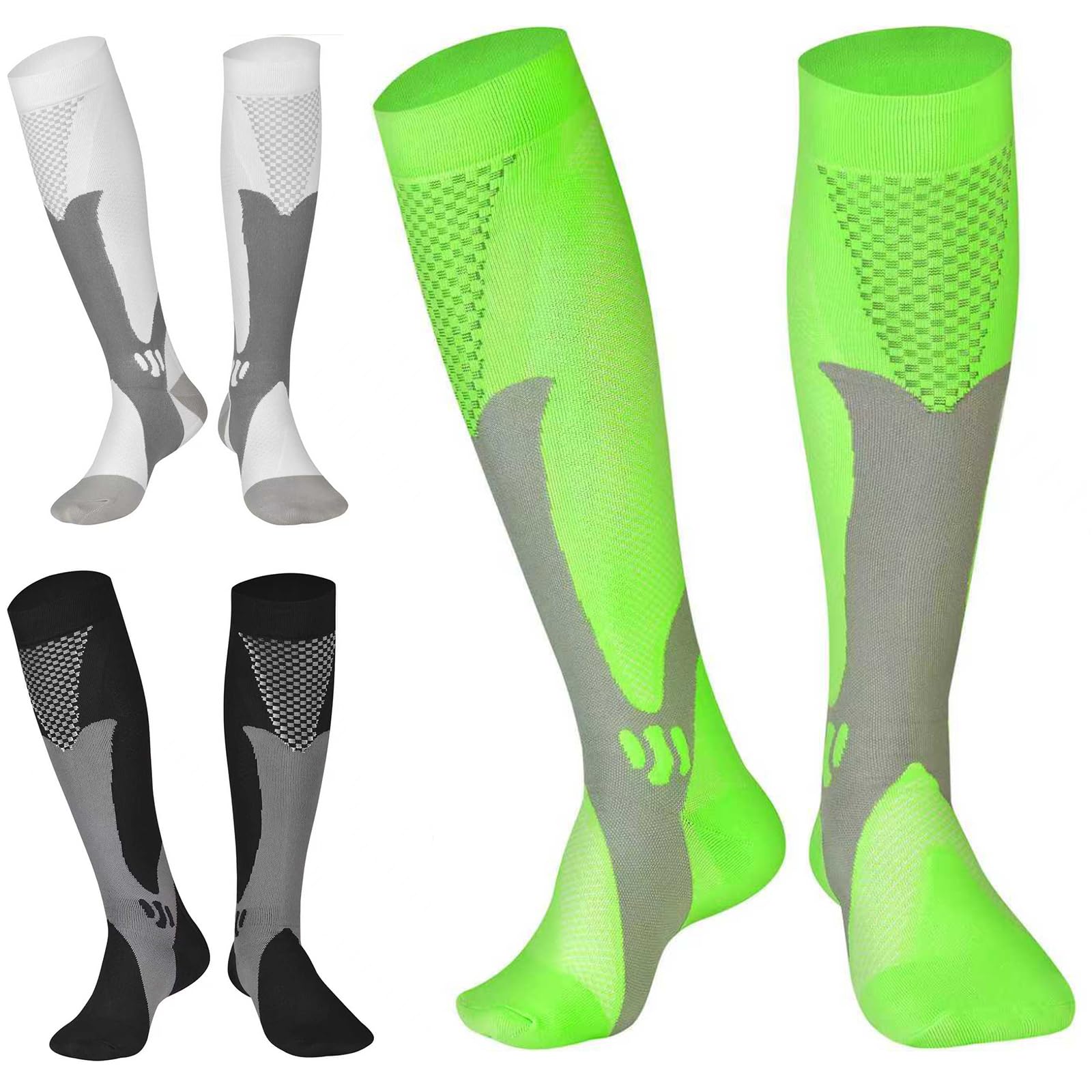 Gcbiger Unisex Black+White+Green Compression Socks (3 Pairs) For Men Circulation 20-30 Mmhg Medical Compression Stockings Women Nursing (, Xxxl)