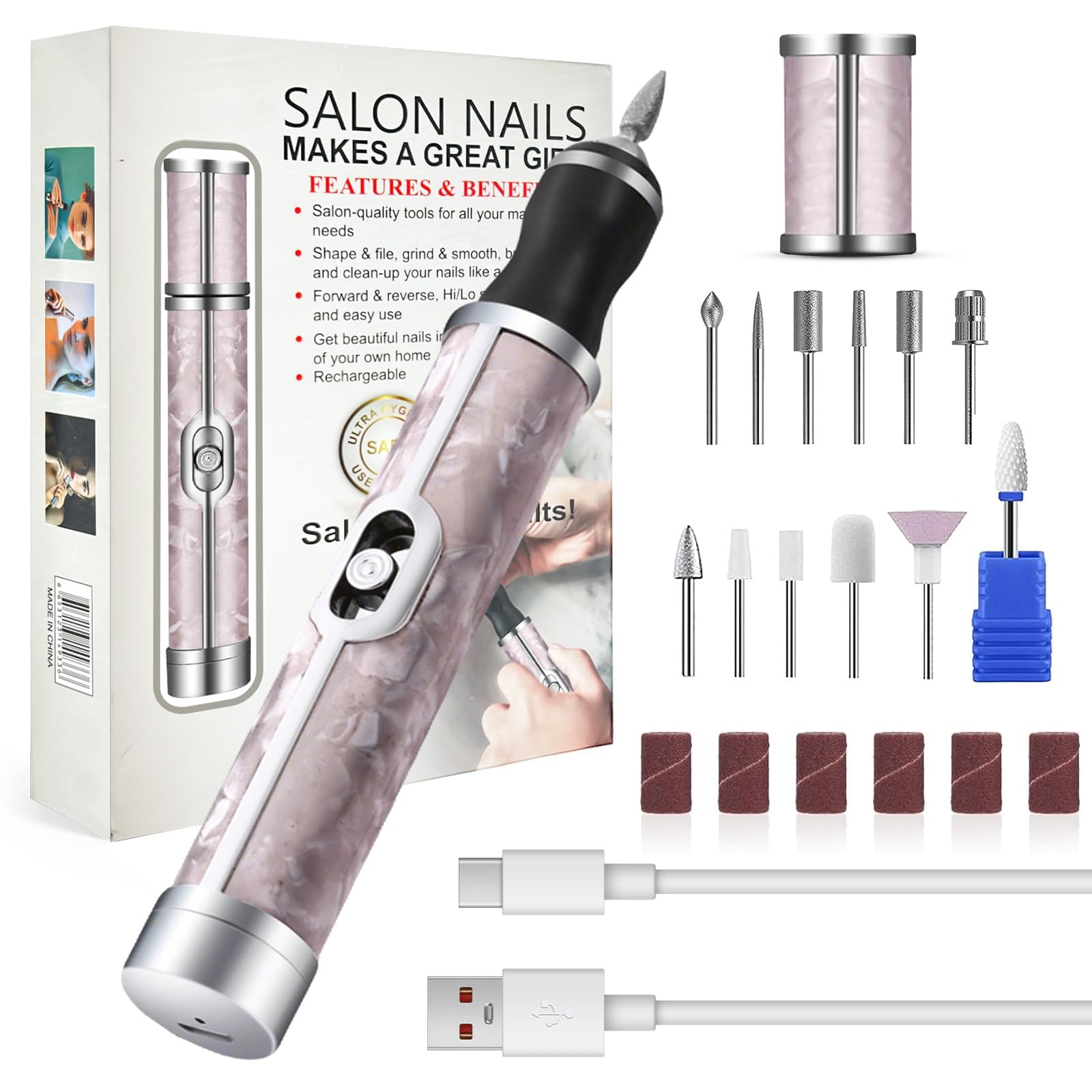 Torno Para Uñas Profesional Con 12 Cabezales Pulidores, 6 Granos, 4 Velocidades Ajustables, Carga Sin Cable, Limador De Uñas Electrico Para Uñas De Manos Y Pies, Quita Gel, Pedicura Y Manicura
