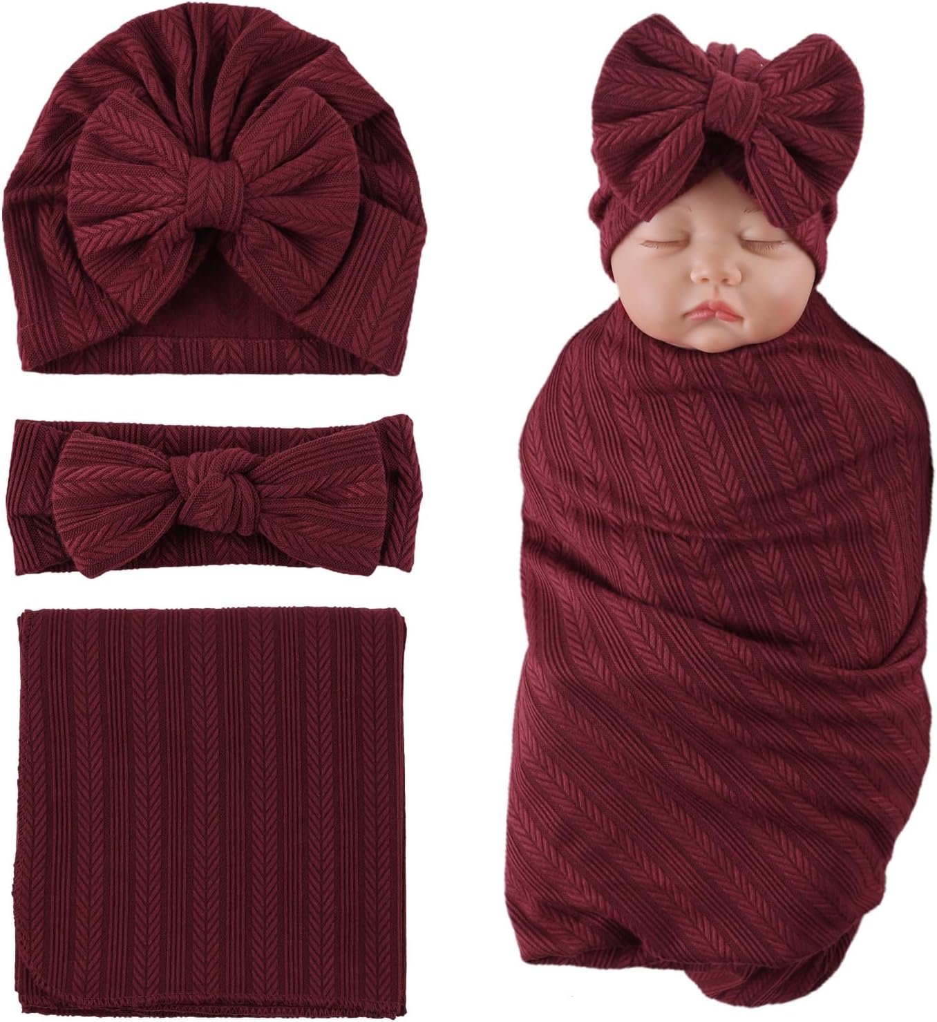 OMUKY Newborn Receiving Blanket Bow Headband and Beanie Set Baby Swaddle Receiving Blankets Baby Boy Girls Nursery Swaddle Wrap(White+Pink)