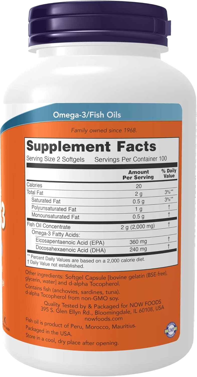 Now Supplements Omega-3 180 EPA / 120 DHA, Molecularly Distilled, Cardiovascular Support*, 200 Softgels (1652) : Health & Household
