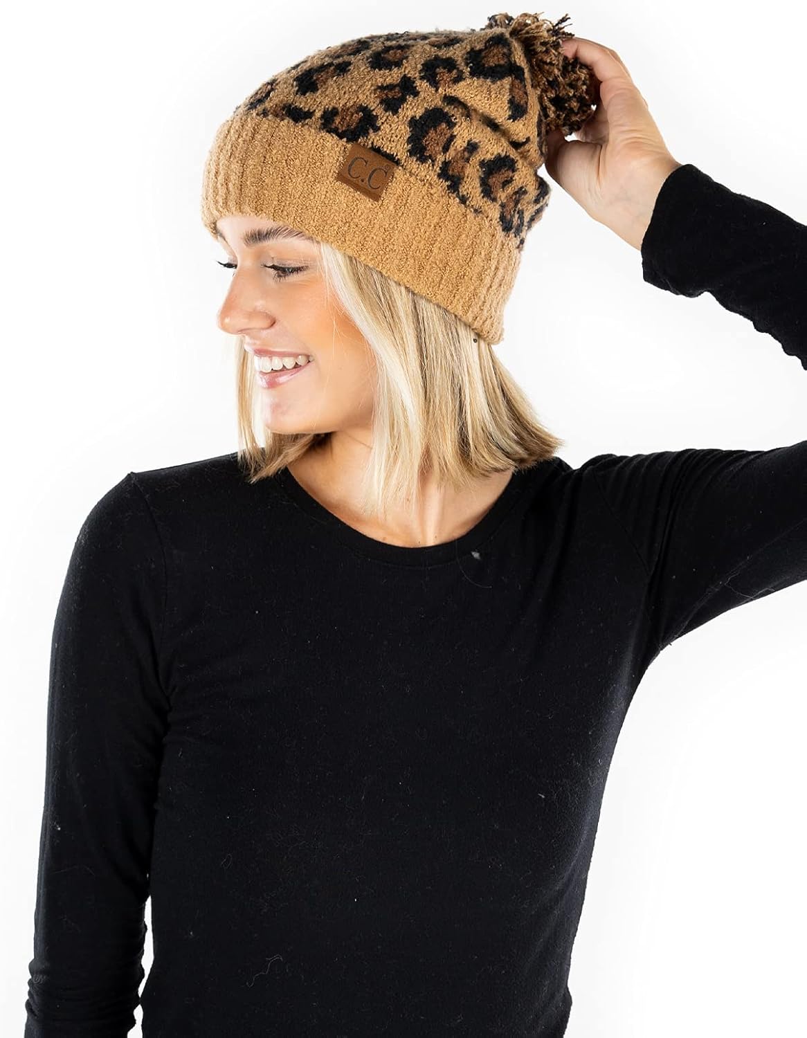 Funky Junque Women’s Leopard Print Pom Beanie & Gloves Set – Cozy Knit Winter Hat, Stylish Cheetah Cold Weather Accessories