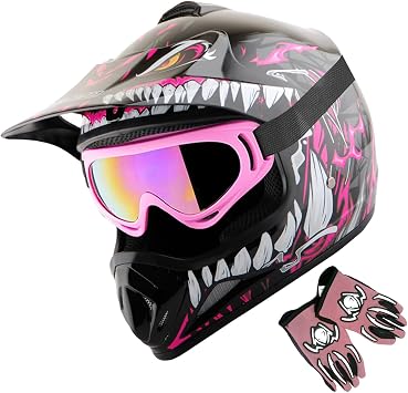 WOW Youth Kids Motocross BMX MX ATV Dirt Bike Dianosour Helmet Dragon + Goggles + Martian Youth Glove Bundle HJOY MG Bundle