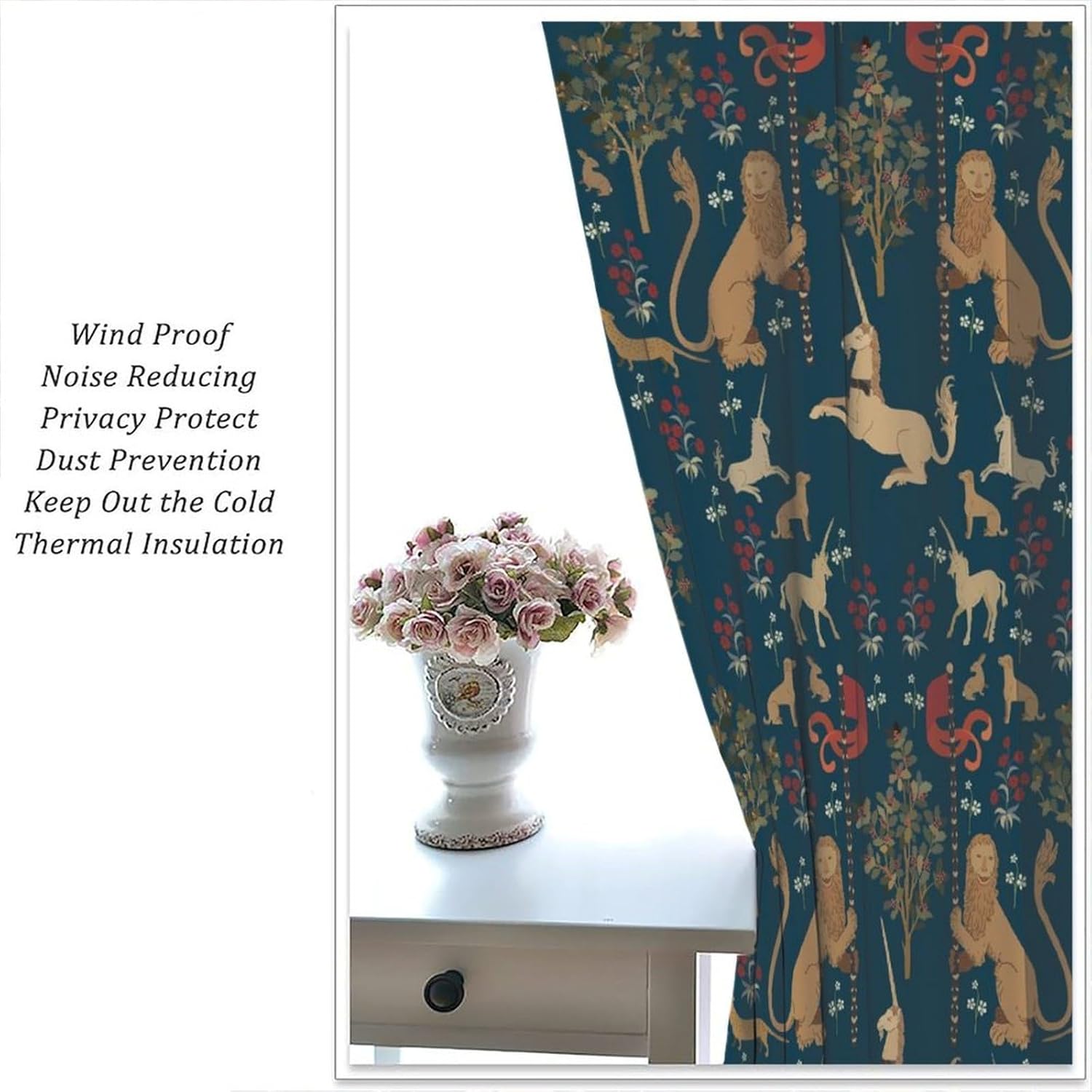 Animal Forest Blackout Curtain, Middle Ages Style Woodland Tree Animal Lion Dog Horse Pattern Window Treatments Darkening Drapes for Kitchen Living Room Bedroom Office Decor 52" W x 84" L