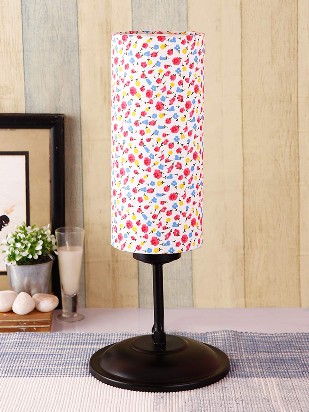 Devansh Cylindrical Multi Cotton Shade Table Lamp with Black Base (Size : 6.75x6.75x16.1 Inches) 1