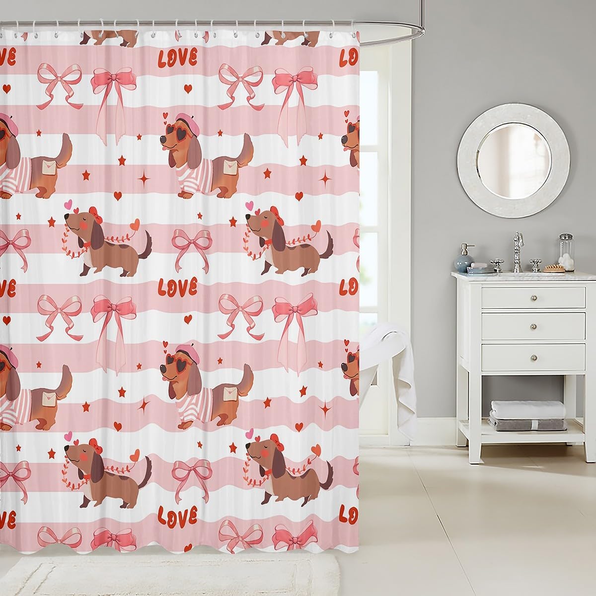 Homewish Cute Dachshund Shower Curtain Set,Love Valentine's Day Bathroom Curtain,Kids Girls Boys Pink Bow Stripe Waterproof Curtains Couple Romantic Bathtub Decor with 12 Hooks,72" W x 72" L image 2