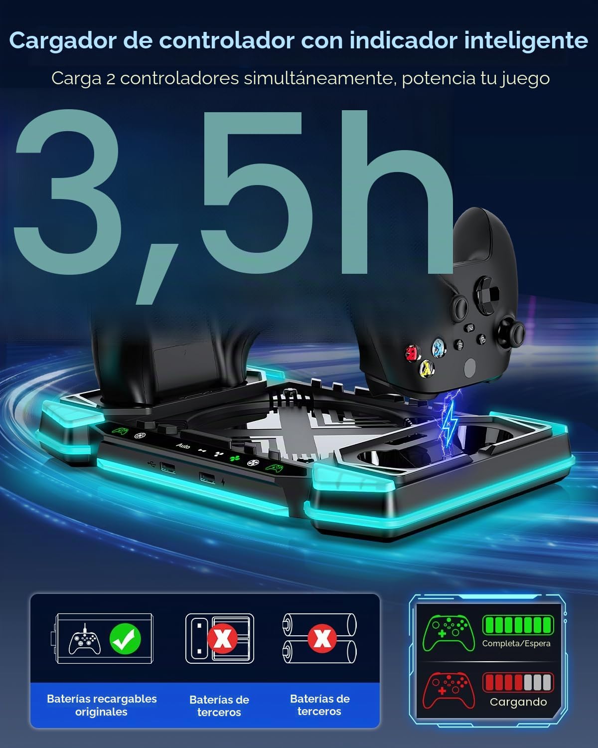 Sistema de ventilador de refrigeración automático mejorado y soporte de carga para consola Xbox Series X y controladores, accesorios con 11 luces RGB y batería recargable de 2 x 1400 mAh, soporte para