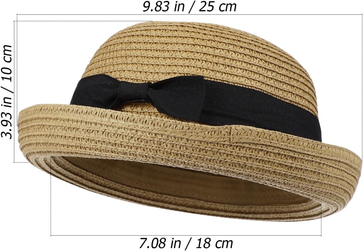 STOBOK Women S Straw Bowler Hat with Bowknot Dome Roll-up Wide Brim Sun Hat Lightweight Summer Beach for Outdoor Activities - Image 2
