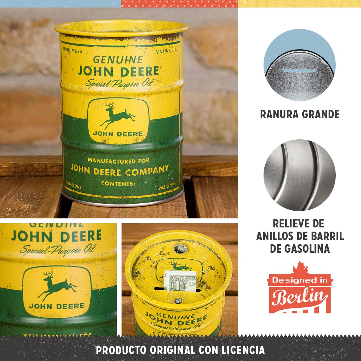 Nostalgic-Art Hucha Retro, 600 ml, John Deere – Special Purpose Oil – Idea de Regalo para Amantes de los Tractores, Official License Product (OLP), para Billetes y Monedas, diseño Vintage